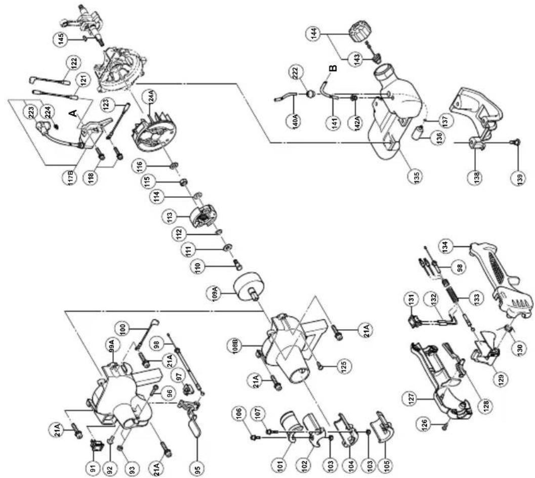 Exploded view diagram of a mechanical assembly with numbered components and labeled parts A and B