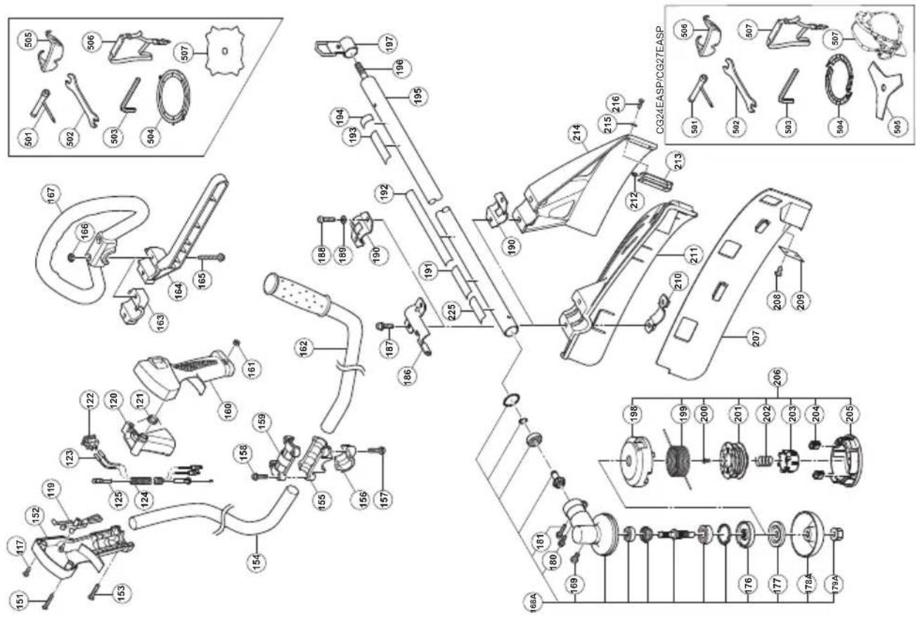 Exploded view diagram of a mechanical assembly with numbered parts and component labels