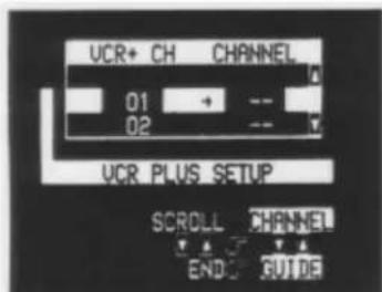 VCR+ CH CHANNEL 01 + 02 -- VCR PLUS SETUP SCROLL CHANNEL ENDO GUIDE