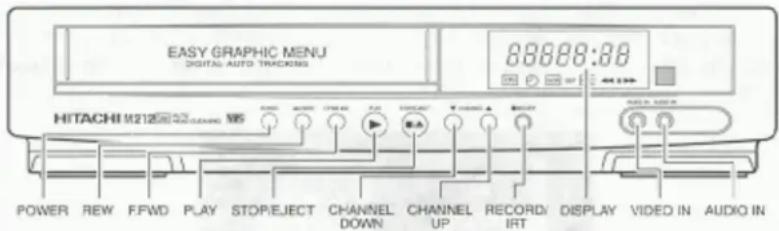 EASY GRAPHIC MENU DIGITAL AUTO TRACKING 88888:88 HITACHI M21200000000 965 POWER REW FFWD PLAY STOP/EJECT CHANNEL DOWN CHANNEL UP RECORD/IRT DISPLAY VIDEO IN AUDIO IN