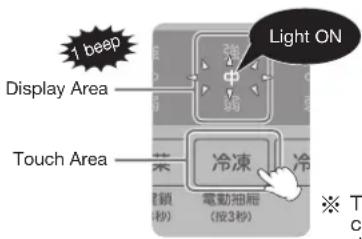 1 beep Display Area Touch Area 冷凍 電動抽冊 (接3秒) Light ON