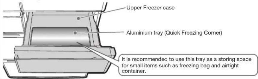 Upper Freezer case Aluminium tray (Quick Freezing Corner) It is recommended to use this tray as a storing space for small items such as freezing bag and airtight container.