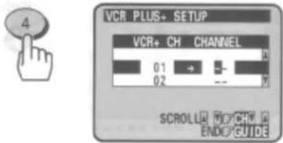 4 VCR PLUS+ SETUP VCR+ CH CHANNEL 01 → -- 02 -- Y SCROLLA WYCH A ENDIFGUIDE