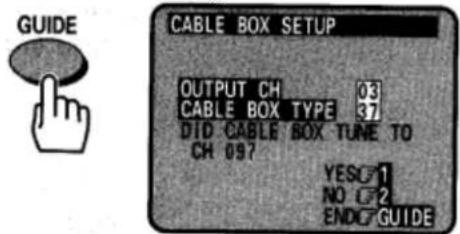 GUIDE CABLE BOX SETUP OUTPUT CH 03 CABLE BOX TYPE 37 DID CABLE BOX TUNE TO CH 097 YESC1 NO C2 ENDC GUIDE