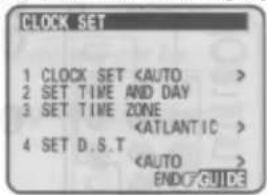 CLOCK SET 1 CLOCK SET 2 SET TIME AND DAY 3 SET TIME ZONE 4 SET D.S.T ENDO GUIDE