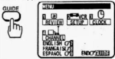 GUIDE MENU 1 2 VCR 3 REVIEW SETUP CLOCK CHANNEL ENGLISH C79 FRANKAISL/8 ESPANOL C79 ENDOR/GUIDE