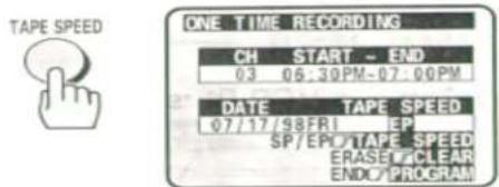 TAPE SPEED ONE TIME RECORDING CH START - END 03 06:30PM-07:00PM DATE TAPE SPEED 07/17/98FR1 EP SP/EPO TAPE SPEED ERASET/CLEAR ENDO/PROGRAM