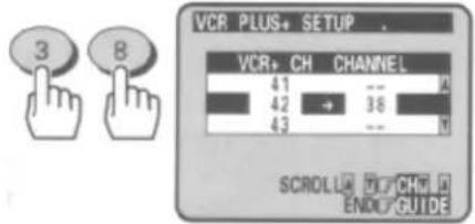 VCR PLUS+ SETUP . VCR+ CH CHANNEL 41 -- 42 → 38 43 -- SCROLL# D#CH# P END# GUIDE