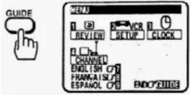 GUIDE MENU 1 2 VCR 3 REVIEW SETUP CLOCK CHANNEL ENGLISH C7 FRANKAISL78 ESPAVOL C79 ENDO GUIDE