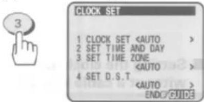3 CLOCK SET 1 CLOCK SET 2 SET TIME AND DAY 3 SET TIME ZONE 4 SET D.S.T ENDO GUIDE