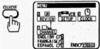 GUIDE MENU 1 2 VCR 3 REVIEW SETUP CLOCK CHANNEL ENGLISH 07 FRANKAISL 08 ESPANOL 09 ENDORIVE