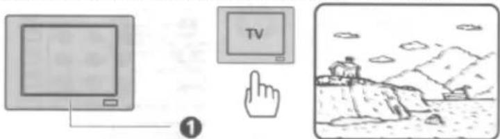 Illustration showing a monitor connected to TV and pointing at a landscape scene with mountains and clouds.