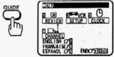 GUIDE MENU 1 2 VCR 3 REVIEW SETUP CLOCK CHANNEL ENGLISH 07 FRANKAISL/8 ESPANOL 07 ENDORIVE