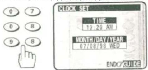 CLOCK SET TIME 10:20 AM MONTH/DAY/YEAR 07/08/98 WED ENDC GUIDE