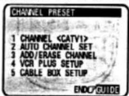 CHANNEL PRESET 1 CHANNEL 2 AUTO CHANNEL SET 3 ADD/ERASE CHANNEL 4 VCR PLUS SETUP 5 CABLE BOX SETUP ENDC GUIDE