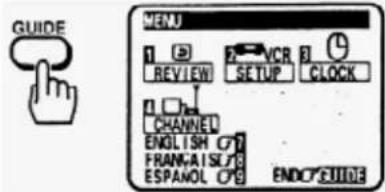 GUIDE MENU 1 2 VCR 3 REVIEW SETUP CLOCK CHANNEL ENGLISH C7 FRANKAISL6 ESPANOL C9 ENDORUIDE