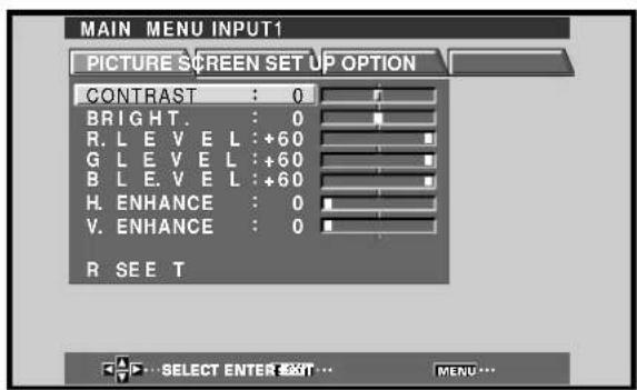 MAIN MENU INPUT1 PICTURE SCREEN SET UP OPTION CONTRAST : 0 BRIGHT. : 0 R. L E V E L : +60 G L E V E L : +60 B L E. V E L : +60 H. ENHANCE : 0 V. ENHANCE : 0 R SEE T ...SELECT ENTER EXIT ... MENU...