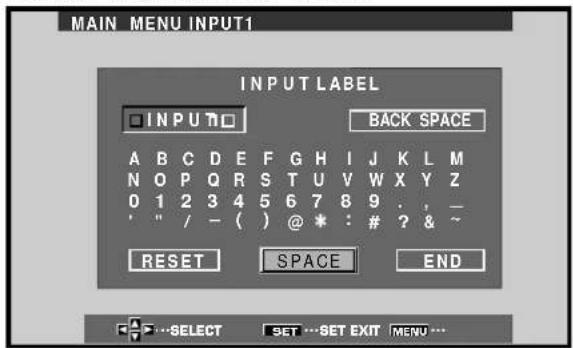 MAIN MENU INPUT1 INPUT LABEL □ INPUT □ BACK SPACE A B C D E F G H I J K L M N O P Q R S T U V W X Y Z 0 1 2 3 4 5 6 7 8 9 . . _ ' " / - ( ) @ * : # ? & ~ RESET SPACE END ...SELECT SET ...SET EXIT MENU ...
