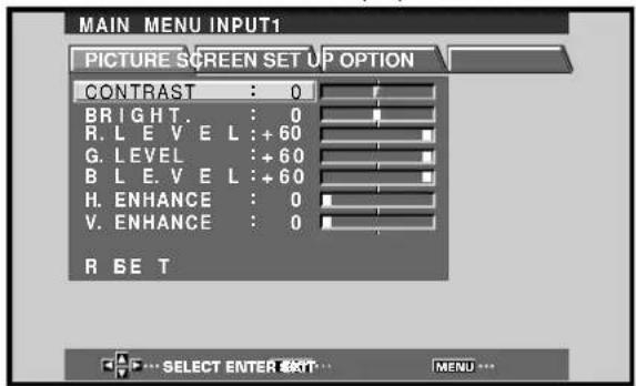 MAIN MENU INPUT1 PICTURE SCREEN SET UP OPTION CONTRAST : 0 B R I G H T . : 0 R. L E V E L : +60 G. L E V E L : +60 B L E V E L : +60 H. ENHANCE : 0 V. ENHANCE : 0 R B E T SELECT ENTER EXIT MENU ...