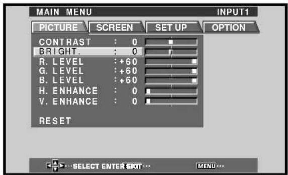 MAIN MENU INPUT1 PICTURE SCREEN SET UP OPTION CONTRAST : 0 BRIGHT : 0 R. LEVEL : +60 G. LEVEL : +60 B. LEVEL : +60 H. ENHANCE : 0 V. ENHANCE : 0 RESET SELECT ENTER EXT... MENU...