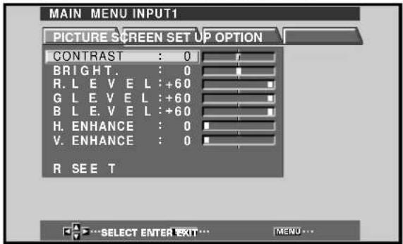 MAIN MENU INPUT1 PICTURE SCREEN SET UP OPTION CONTRAST : 0 BRIGHT. : 0 R.LEVEL :+60 G.LEVEL :+60 BLEVEL :+60 H. ENHANCE : 0 V. ENHANCE : 0 R SEE T SELECT ENTER EXIT... |MENU...
