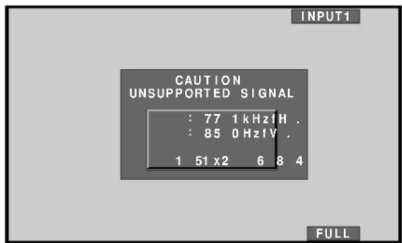 CAUTION UNSUPPORTED SIGNAL : 77 1 kHz H . : 85 0 Hz fV . 1 51 x2 6 8 4 INPUT1 FULL