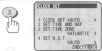 3 CLOCK SET 1 CLOCK SET 2 SET TIME AND DAY 3 SET TIME ZONE 4 SET D.S.T END?GUIDE