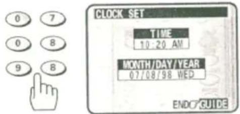CLOCK SET TIME 10:20 AM MONTH/DAY/YEAR 07/08/98 WED ENDC GUIDE