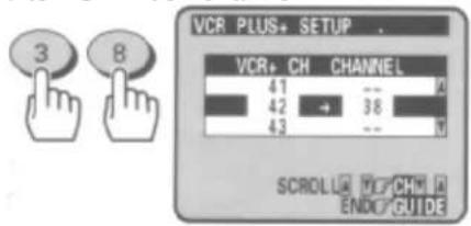 VCR PLUS+ SETUP . VCR+ CH CHANNEL 41 -- 42 → 38 43 -- SCROLL VE CHM END# GUIDE