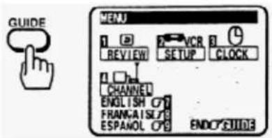 GUIDE MENU 1 2 VCR 3 REVIEW SETUP CLOCK CHANNEL ENGLISH CPT FRANCAISLRC ESPANOL CPE ENDO'SUINE