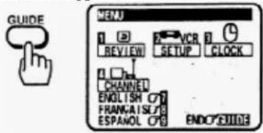 GUIDE MENU 1 2 VCR 3 REVIEW SETUP CLOCK CHANNEL ENGLISH C7 FRANKAISL6 ESPANOL C9 ENDORIDE