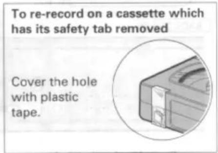 To re-record on a cassette which has its safety tab removed Cover the hole with plastic tape.