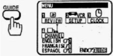 GUIDE MENU 1 2 VCR 3 REVIEW SETUP CLOCK CHANNEL ENGLISH 07 FRANKAISL 08 ESPAVOL 09 ENDC'SHIDE