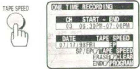 TAPE SPEED ONE TIME RECORDING CH START ~ END 03 06:30PM~07:00PM DATE TAPE SPEED 07/17/98FRI EP SP/EPC TAPE SPEED ERASE/CLEAR END/PROGRAM