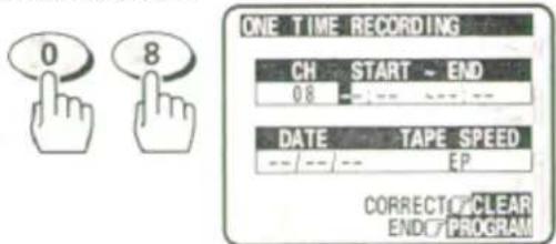 ONE TIME RECORDING CH START - END 08 -- -- -- -- DATE TAPE SPEED --/--/-- EP CORRECT/CLEAR END/PROGRAM