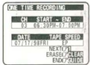 ONE TIME RECORDING CH START ~ END 03 06:30PM-07:00PM DATE TAPE SPEED 07/17/98FRI EP NEXT#1 ERASE# CLEAR END#GUIDE