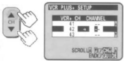 VCR PLUS+ SETUP VCR+ CH CHANNEL 41 42 43 SCROLLA YI PCHN A ENDUP GUIDE