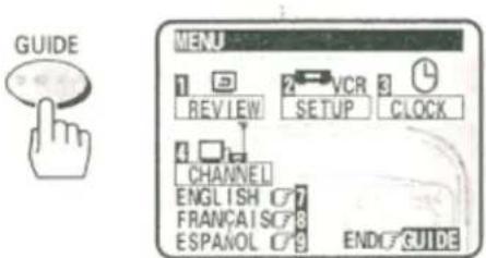 GUIDE MENU 1 2 VCR 3 REVIEW SETUP CLOCK CHANNEL ENGLISH 7 FRANÇAIS 8 ESPAÑOL 9 ENDIC GUIDE