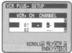 VCR PLUS+ SETUP VCR+ CH CHANNEL 01 → - 02 -- Y SCROLLA V7CH A END#GUIDE