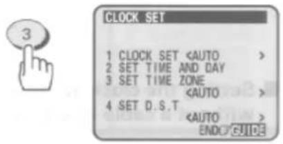 3 CLOCK SET 1 CLOCK SET 2 SET TIME AND DAY 3 SET TIME ZONE 4 SET D.S.T END CUIDE