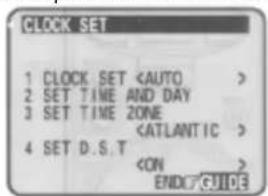 CLOCK SET 1 CLOCK SET 2 SET TIME AND DAY 3 SET TIME ZONE 4 SET D.S.T END? GUIDE