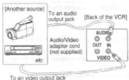 [Another source] To an audio output jack Audio/Video adapter cord (not supplied) [Back of the VCR] AUDIO OUT IN VIDEO To an video output jack