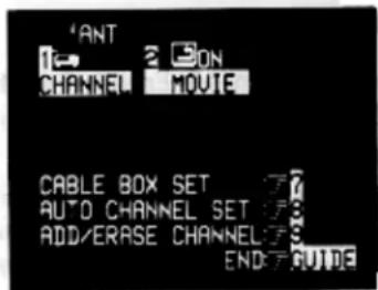 ANT CHANNEL 2 ON MOVIE CABLE BOX SET 7 AUTO CHANNEL SET 7 ADD/ERASE CHANNEL 7 END:7 GUIDE