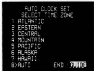 AUTO CLOCK SET SELECT TIME ZONE 1 ATLANTIC 2 EASTERN 3 CENTRAL 4 MOUNTAIN 5 PACIFIC 6 ALASKA 7 HAWAII 8>AUTO END: AUTO