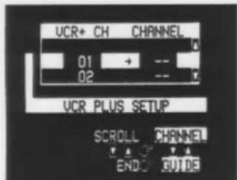 VCR+ CH CHANNEL 01 + 02 - VCR PLUS SETUP SCROLL CHANNEL ENDO GUIDE