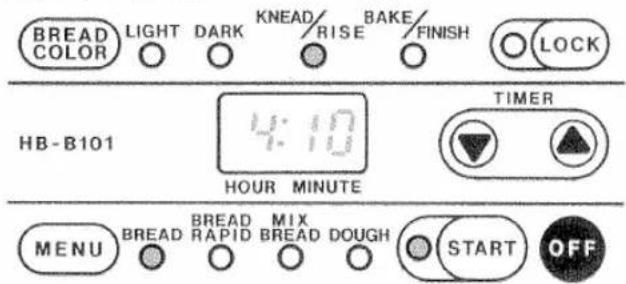 BREAD COLOR LIGHT DARK KNEAD/ RISE BAKE/ FINISH LOCK HB-B101 4:10 HOUR MINUTE TIMER MENU BREAD RAPID MIX BREAD DOUGH START OFF