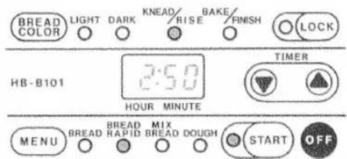 BREAD COLOR LIGHT DARK KNEAD/ RISE BAKE FINISH LOCK HB-B101 3:50 HOUR MINUTE TIMER MENU BREAD RAPID MIX BREAD DOUGH START OFF