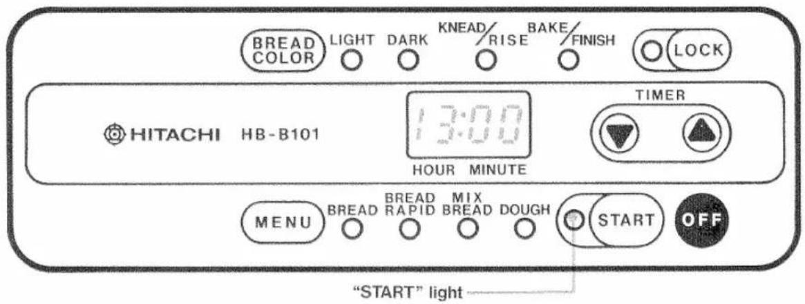 BREAD COLOR LIGHT DARK KNEAD/ RISE BAKE/ FINISH LOCK HITACHI HB-B101 13:00 TIMER HOUR MINUTE MENU BREAD RAPID MIX BREAD DOUGH START OFF "START" light