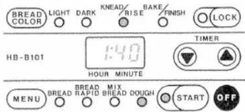 BREAD COLOR LIGHT DARK KNEAD RISE BAKE FINISH LOCK HB-B101 HOUR MINUTE TIMER MENU BREAD RAPID MIX BREAD DOUGH START OFF
