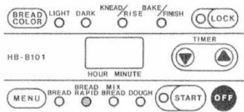BREAD COLOR LIGHT DARK KNEAD RISE BAKE FINISH LOCK HB-B101 HOUR MINUTE TIMER MENU BREAD RAPID MIX BREAD DOUGH START OFF